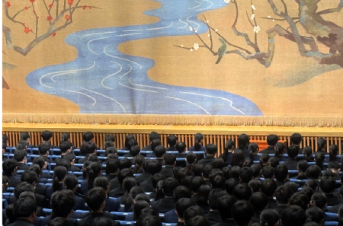 高校3年生　同窓会入会式・卒業式予行練習を行いました。